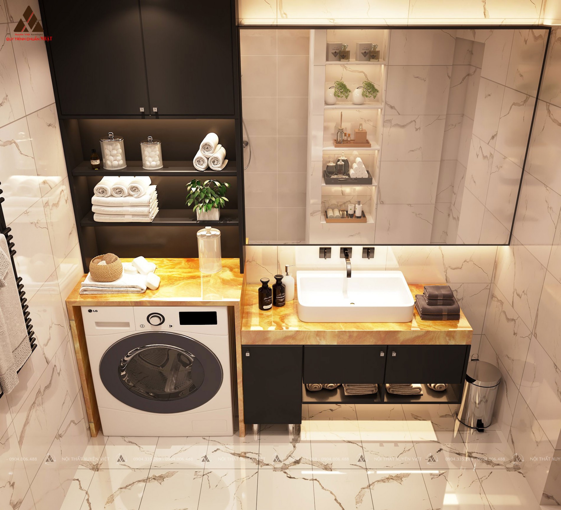 Tủ lavabo màu ghi kết hợp tủ máy giặt phù hợp với phòng tắm rộng