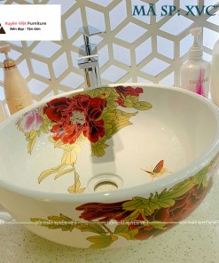 Chậu rửa lavabo đặt bàn dáng tròn hoa đỏ XVCT16
