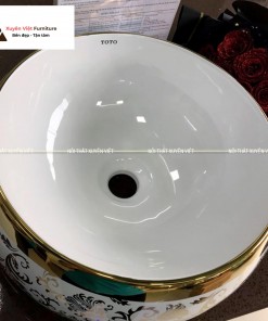 Chậu rửa lavabo đặt bàn dáng tròn viền vàng bán sẵn tại Xuyên Việt XVCT04