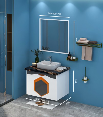 Tủ Lavabo treo tường T0969 - 1 tone màu trắng line đen cam