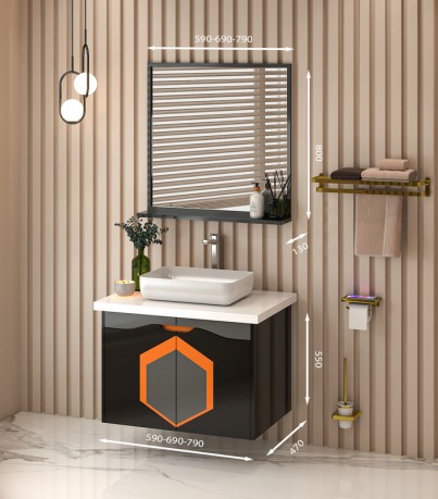 Tủ Lavabo treo tường T0969 - 2 tone màu đen line ghi cam