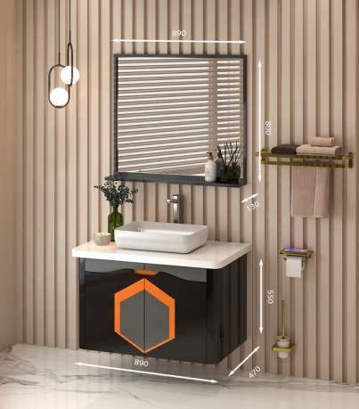 Tủ Lavabo treo tường T0989 - 2 tone màu đen line ghi cam