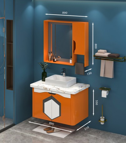 Tủ Lavabo treo tường T0989 - 3 tone màu cam line ghi rực rỡ