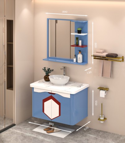 Tủ Lavabo treo tường T0989 - 4 tone màu xanh lơ nhạt line trắng đỏ