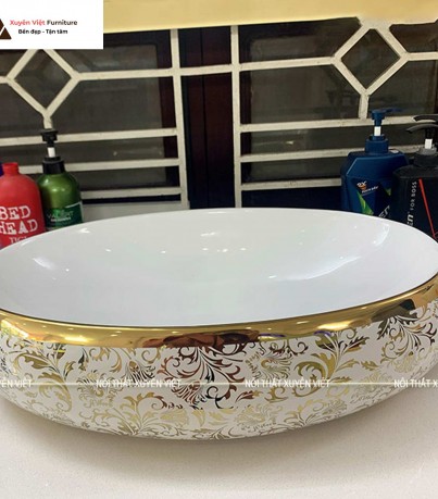 Chậu rửa lavabo đặt bàn hình elip hoa vàng XVCE15