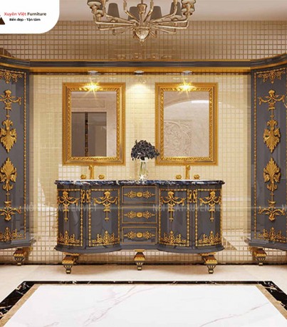 Tủ lavabo dát vàng bo cong XVL856 kết hợp tủ đồ hai bên đẳng cấp