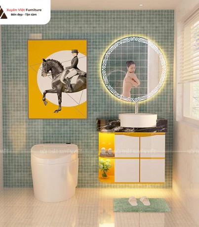 Tủ lavabo lửng XVL874 sơn men vàng trắng cao cấp