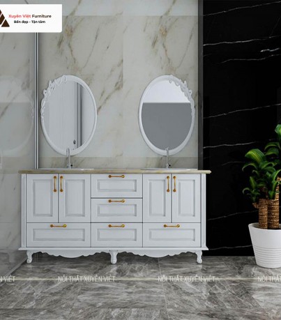Tủ lavabo tân cổ điển chân dứng tông trắng cho nhà tắm rộng XVL740