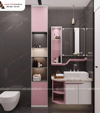 Tủ lavabo treo tường kết hợp tủ để đồ tông hồng XVL846