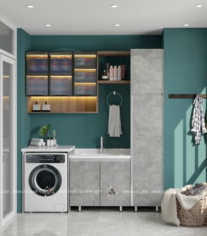Tủ máy giặt phủ laminate tone màu ghi cá tính mã XVTMG-027