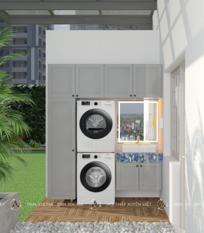 Tủ máy giặt tân cổ điển tone màu ghi sang trọng mã XVTMG-029