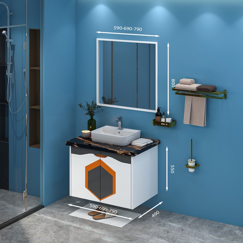 Tủ Lavabo treo tường T0969 - 1 tone màu trắng line đen cam