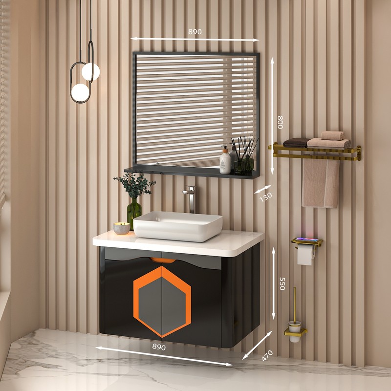 Tủ Lavabo treo tường T0989 - 2 tone màu đen line ghi cam