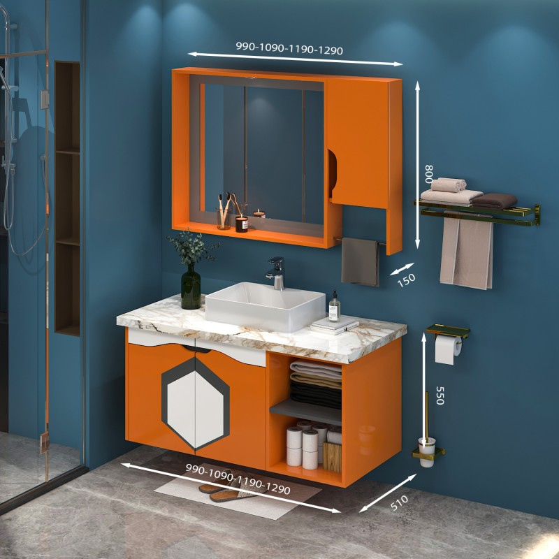 Tủ Lavabo treo tường T0999 - 3 tone màu cam line ghi  nóng bỏng